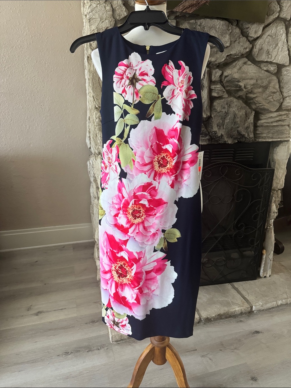 Navy Midi Dress with Bold Pink Floral Design